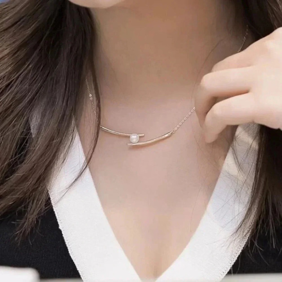 925 Sterling Silver Double Bar Pearl Necklace - Picture 5 of 10